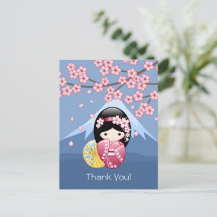 Spring Kokeshi Doll - Cute Japanese Geisha on Blue Postcard