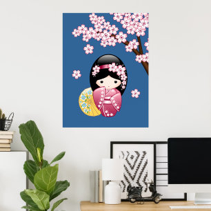 Spring Kokeshi Doll - Cute Japanese Geisha on Blue Poster