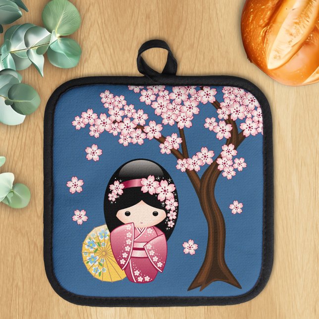 Spring Kokeshi Doll - Cute Japanese Geisha on Blue Pot Holder (Creator Uploaded)