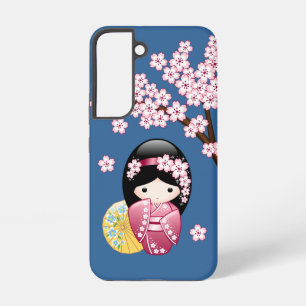 Spring Kokeshi Doll - Cute Japanese Geisha on Blue Samsung Galaxy Case
