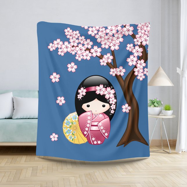 Spring Kokeshi Doll - Cute Japanese Geisha on Blue Sherpa Blanket (Creator Uploaded)