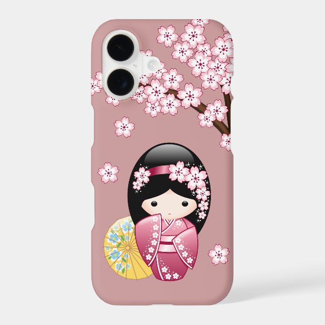 Spring Kokeshi Doll - Cute Japanese Geisha on Pink (Back)