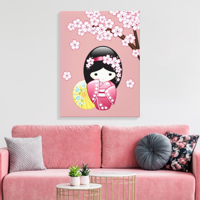 Spring Kokeshi Doll - Cute Japanese Geisha on Pink Canvas Print (Insitu(LivingRoom))
