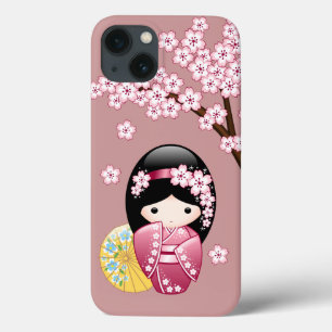 Spring Kokeshi Doll - Cute Japanese Geisha on Pink iPhone 13 Case