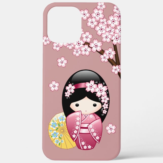 Spring Kokeshi Doll - Cute Japanese Geisha on Pink Case-Mate iPhone Case (Back)