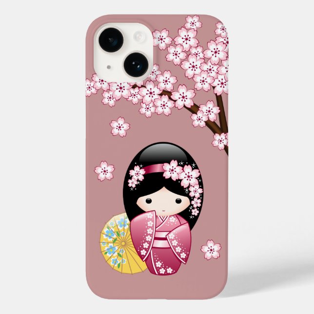 Spring Kokeshi Doll - Cute Japanese Geisha on Pink Case-Mate iPhone Case (Back)
