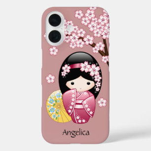 Spring Kokeshi Doll - Cute Japanese Geisha on Pink iPhone 16 Case