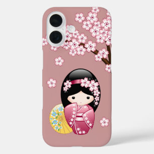 Spring Kokeshi Doll - Cute Japanese Geisha on Pink iPhone 16 Case