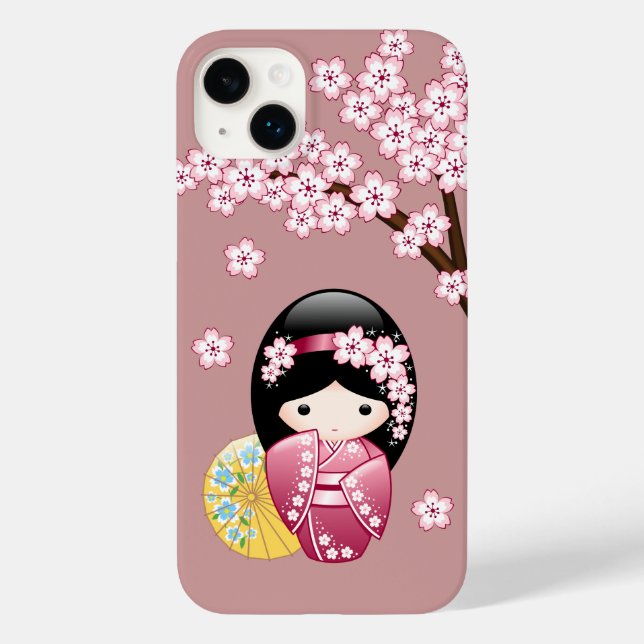 Spring Kokeshi Doll - Cute Japanese Geisha on Pink Case-Mate iPhone Case (Back)