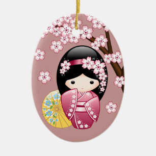 Spring Kokeshi Doll - Cute Japanese Geisha on Pink Ceramic Tree Decoration