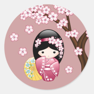 Spring Kokeshi Doll Cute Japanese Geisha on Pink Classic Round Sticker