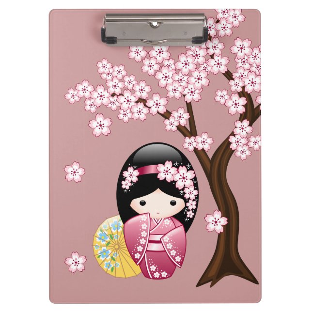 Spring Kokeshi Doll - Cute Japanese Geisha on Pink Clipboard (Front)