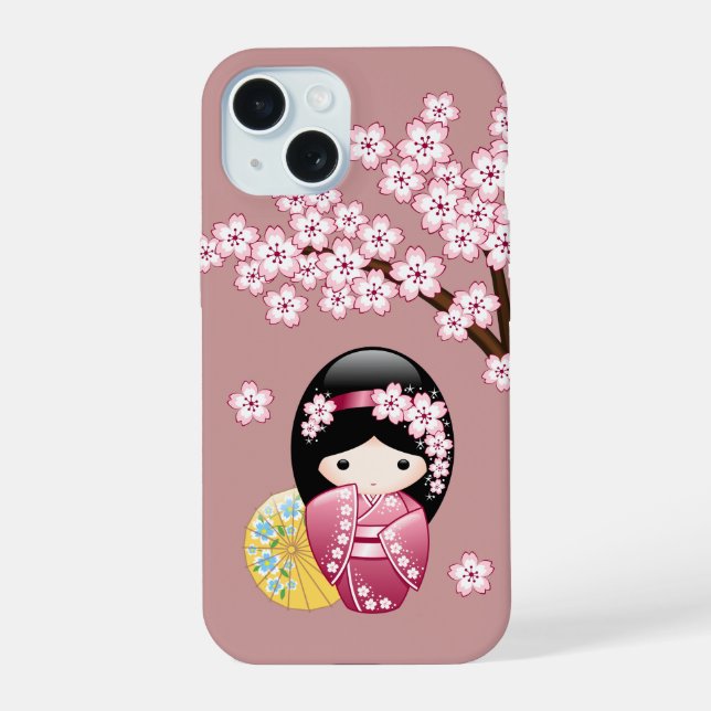 Spring Kokeshi Doll - Cute Japanese Geisha on Pink iPhone 15 Case (Back)