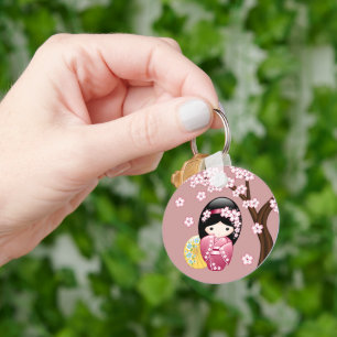 Spring Kokeshi Doll - Cute Japanese Geisha on Pink Key Ring