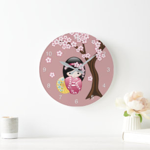Spring Kokeshi Doll - Cute Japanese Geisha on Pink Large Clock