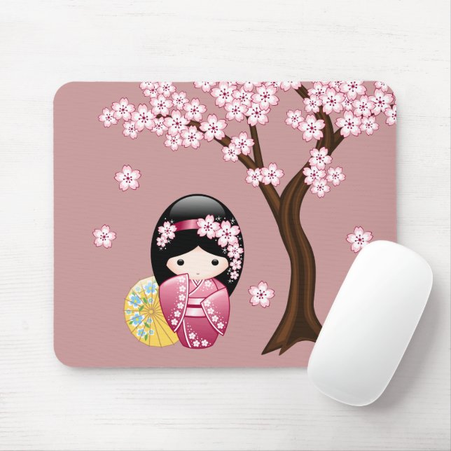 Spring Kokeshi Doll - Cute Japanese Geisha on Pink Mouse Mat (With Mouse)