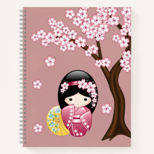 Spring Kokeshi Doll - Cute Japanese Geisha on Pink Notebook