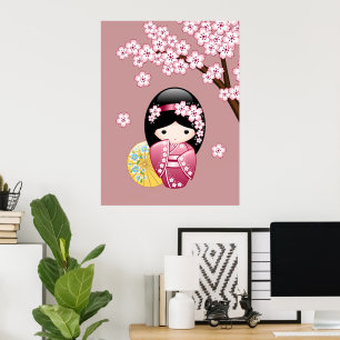 Spring Kokeshi Doll - Cute Japanese Geisha on Pink Poster