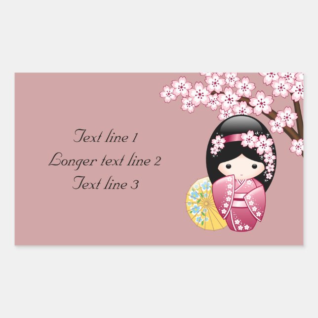 Spring Kokeshi Doll - Cute Japanese Geisha on Pink Rectangular Sticker (Front)