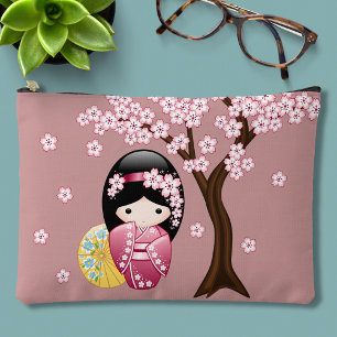 Spring Kokeshi Doll - Cute Japanese Geisha Pink Accessory Pouch