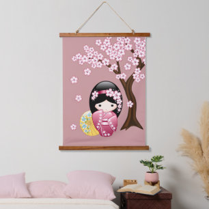 Spring Kokeshi Doll - Cute Japanese Geisha Pink Hanging Tapestry
