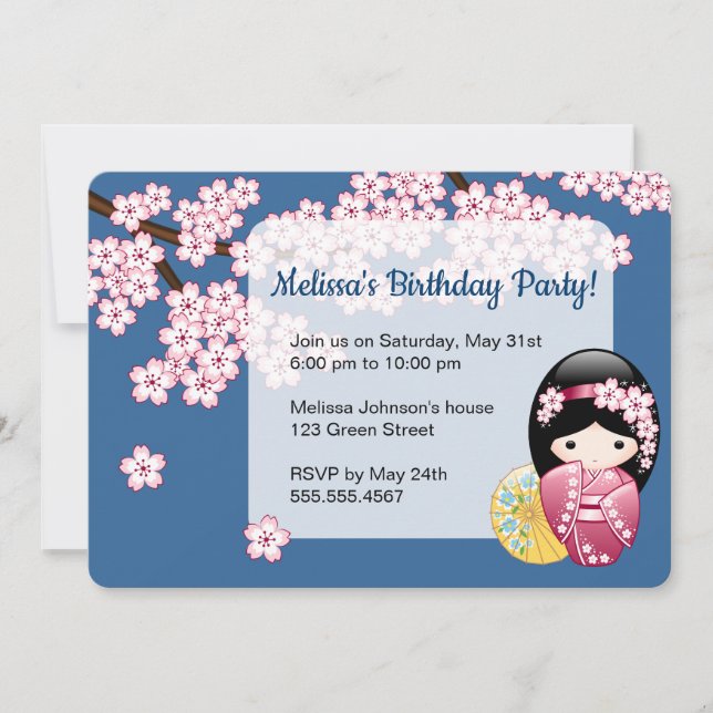 Spring Kokeshi Doll - Japan Geisha Birthday Party Invitation (Front)