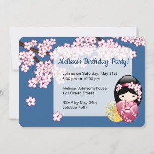 Spring Kokeshi Doll - Japan Geisha Birthday Party Invitation