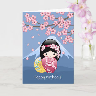 Spring Kokeshi Doll - Japanese Geisha Birthday Card