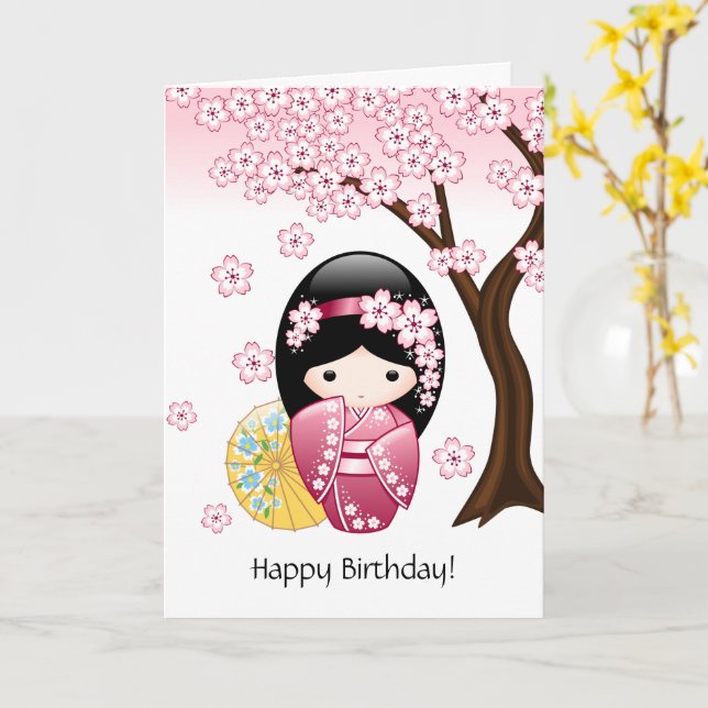 Spring Kokeshi Doll - Japanese Geisha Birthday Card (Yellow Flower)