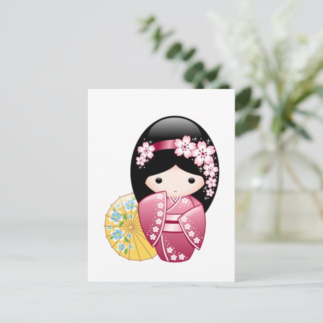 Spring Kokeshi Doll - Japanese Geisha Girl Postcard (Standing Front)