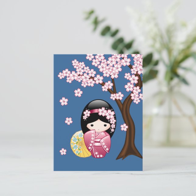 Spring Kokeshi Doll - Japanese Geisha Miss You Postcard (Standing Front)