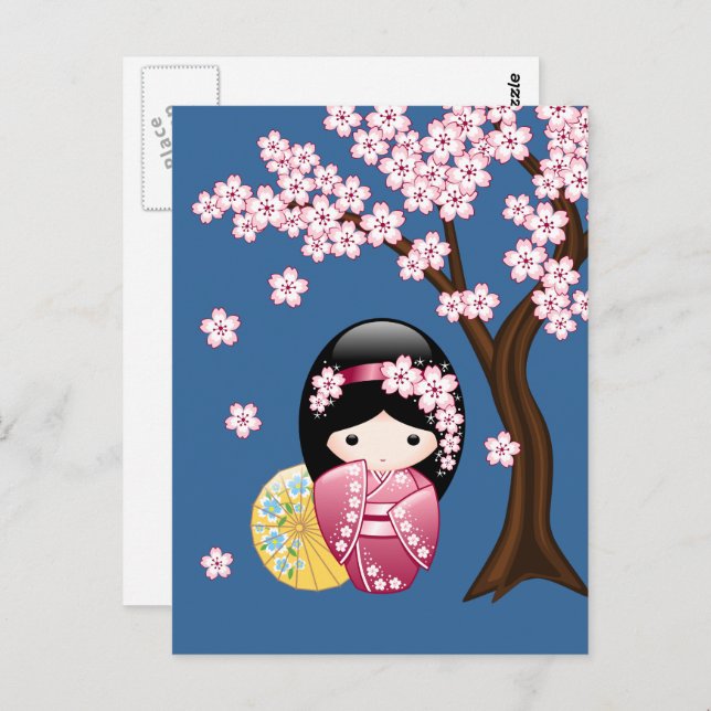 Spring Kokeshi Doll - Japanese Geisha Miss You Postcard (Front/Back)