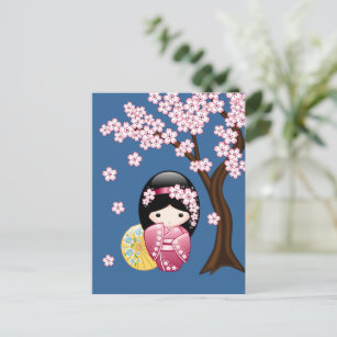 Spring Kokeshi Doll - Japanese Geisha Miss You Postcard