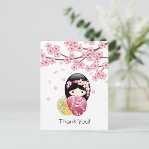 Spring Kokeshi Doll - Japanese Geisha Thank You Postcard