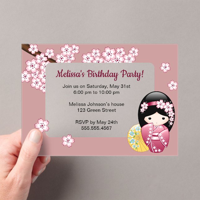 Spring Kokeshi Pink Transparent Window Birthday Acrylic Invitations (Insitu (Handheld))