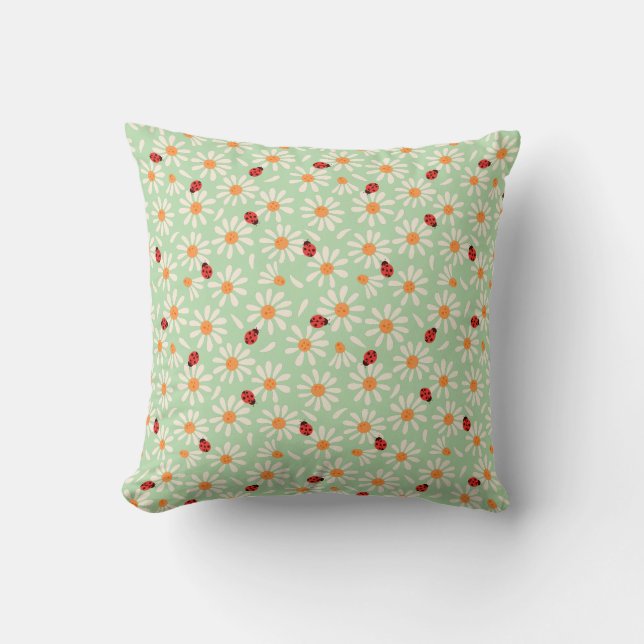 Spring Ladybugs and Daisies Throw Pillow (Front)