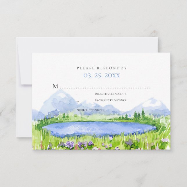 Spring Lakeside Mountain Meadow Wedding RSVP © Card (Front)