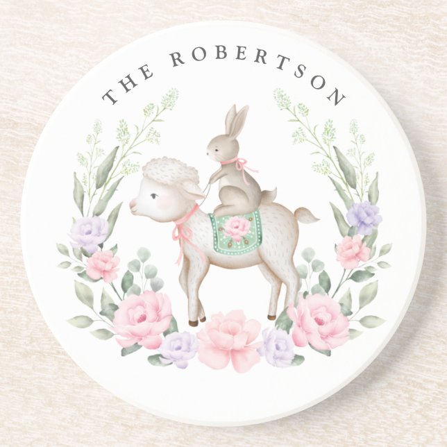 Spring Lamb & Bunny Rabbit Lilac Blush Easter Coaster (Front)