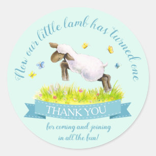 Spring lamb cute aqua blue birthday thank you classic round sticker