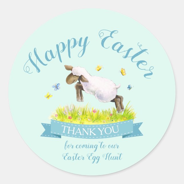 Spring lamb cute aqua blue Easter thank you Classic Round Sticker (Front)
