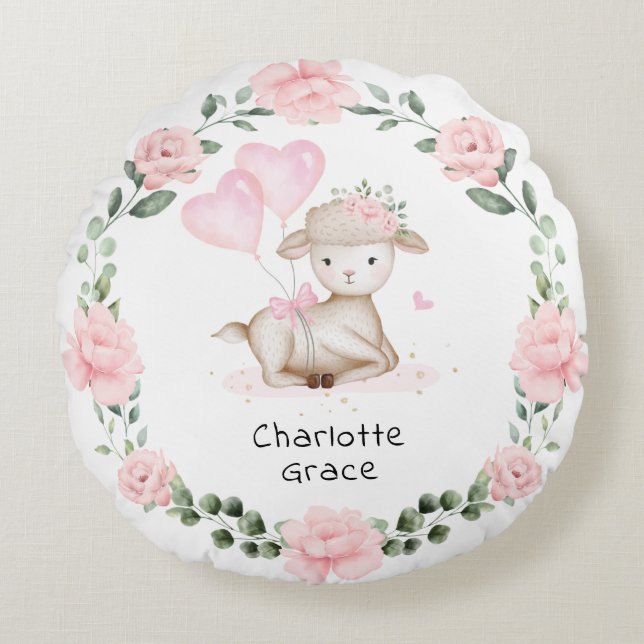 Spring Lamb Pink Floral Wreath Baby Girl Nursery Round Cushion (Front)