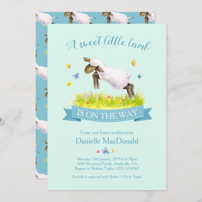 Spring lamb skipping cute baby shower invitations (Front/Back)