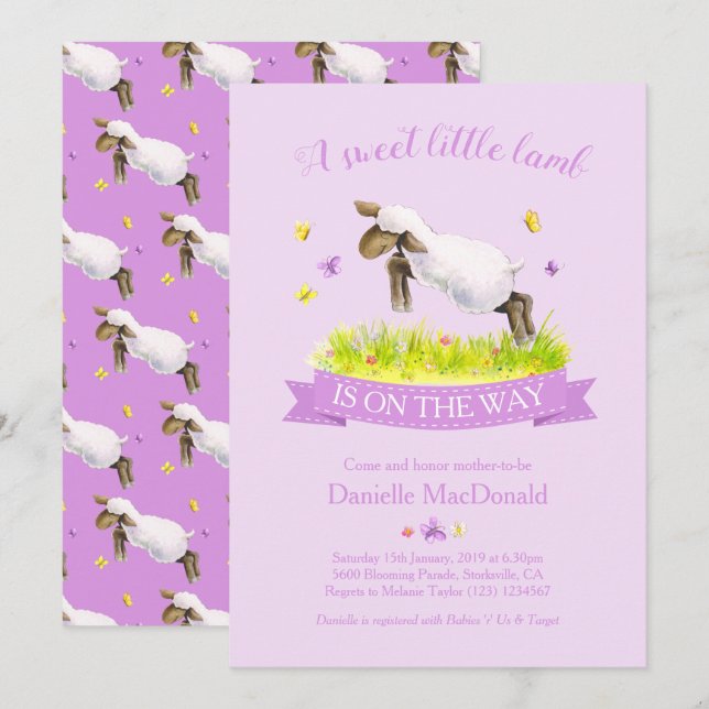 Spring lamb skipping cute purple baby shower invitation (Front/Back)