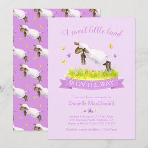Spring lamb skipping cute purple baby shower invitation