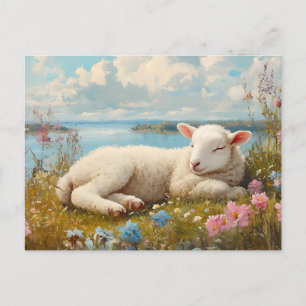Spring Lamb Sleeping in Wildflower Meadow Postcard