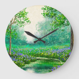Spring landscape oil painting, forest. large clock