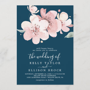 Spring Large Cherry Blossom Navy Wedding Invitation