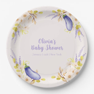Spring Lavender Daisy Floral Eggplant Baby Shower Paper Plate