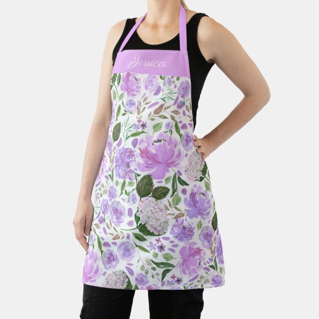Spring Lavender Watercolor Floral Purple Name Apron (Insitu)