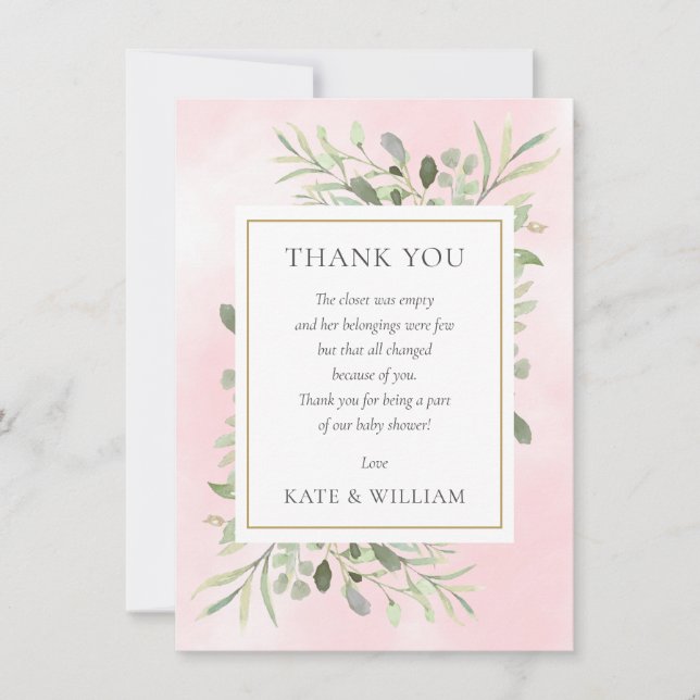 Spring Leaves Greenery Pink Baby Shower Poem Thank You Card (Front)